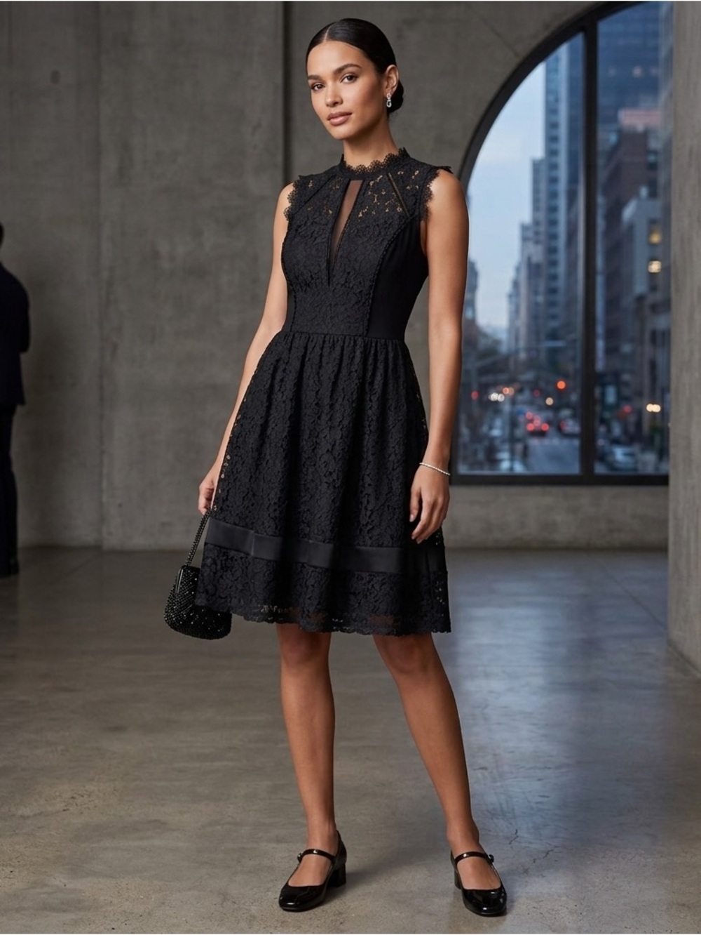 DEX Black Eyelet with mesh paneling midi dress | Sz S Goth Wednesday Modest